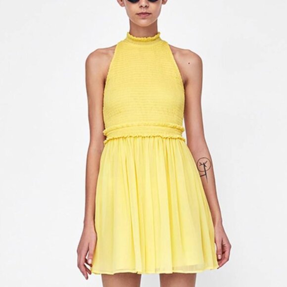 {Zara} Sleeveless Yellow Crepe Mini Dress ~ Size Small - Picture 2 of 16